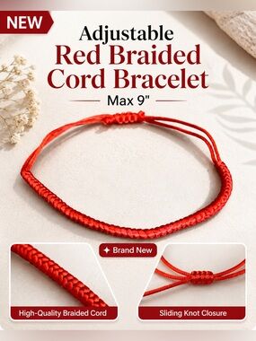 NEW Adjustable Red Braided Cord Bracelet - Max 9"